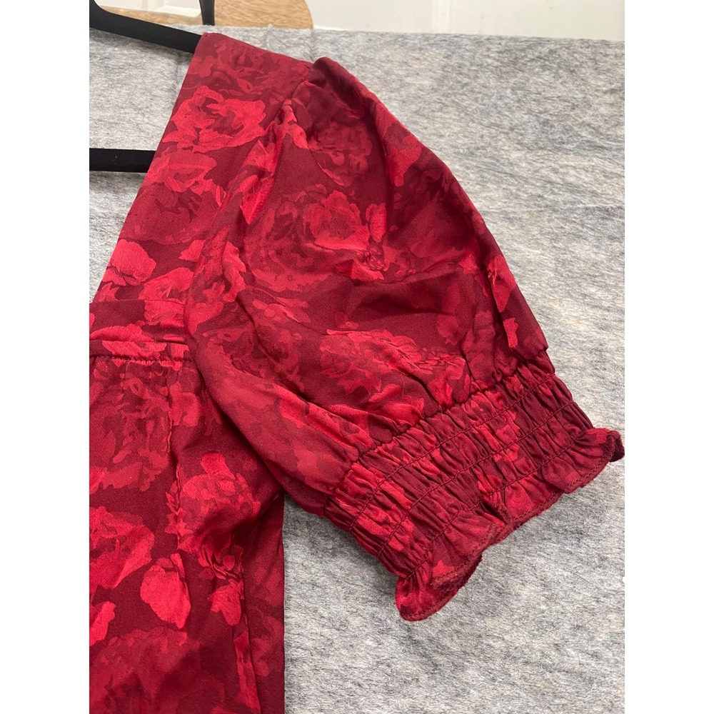 Altar'd State Burgundy Red Floral Jacquard Smocked Tiered Mini Dress Womens M - Picture 9 of 11